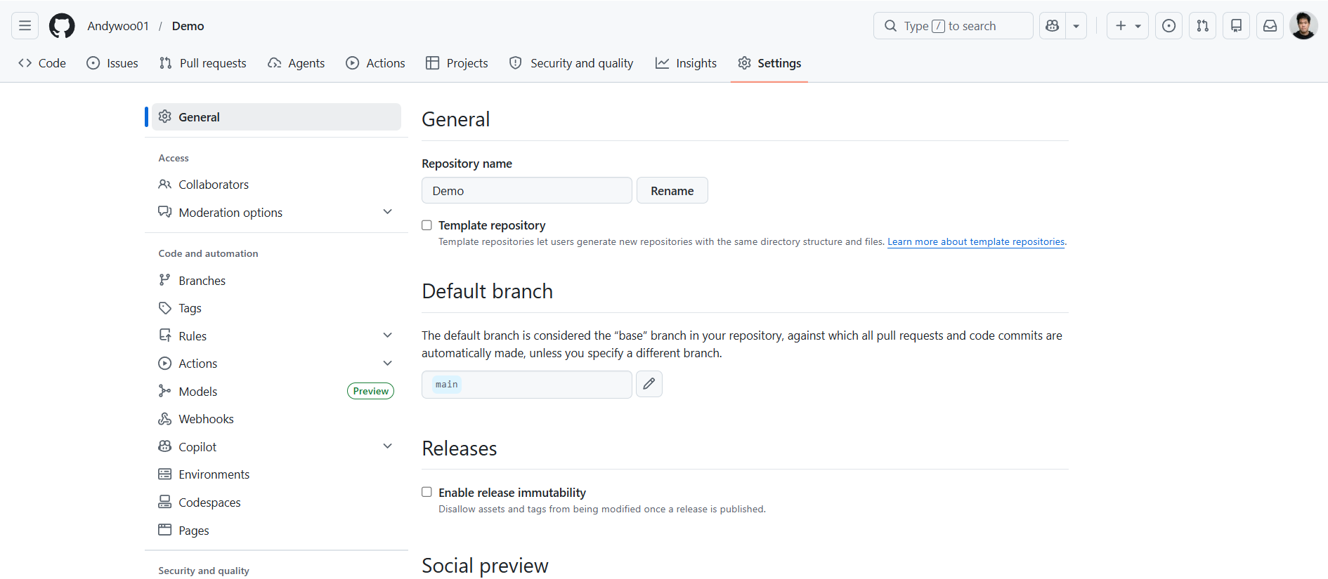 GitHub Pages settings panel